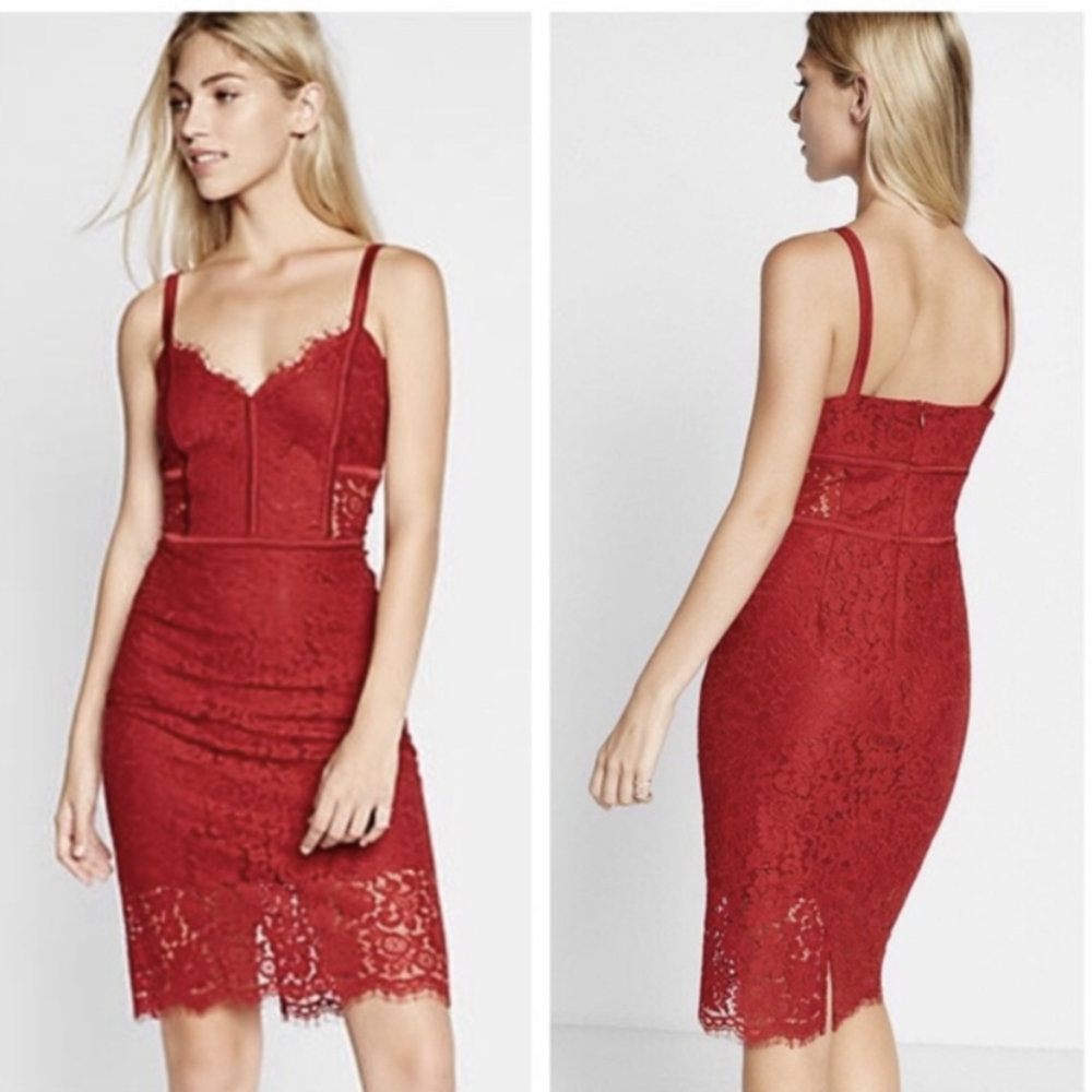 Express Red Piped Lace Sheath Dress